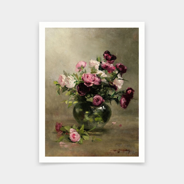 Eva Gonzales,Vase of Roses, 1870,art prints,Vintage art,canvas wall art,famous art prints,V5664