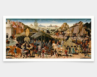 Puede incluir: Una pintura que representa una procesión de personas a caballo y a pie, con un gran carro adornado en el centro. La escena se desarrolla en un paisaje con colinas, árboles y una ciudad lejana. Las figuras están vestidas con ropa y armaduras coloridas, y los caballos están ricamente adornados.