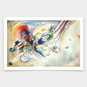 Könnte beinhalten: Abstraktes Aquarellbild mit einer lebendigen Farbpalette. Das Bild zeigt eine Mischung aus blauen, grünen, roten, gelben und weißen Farbtönen. Die Farben sind miteinander vermischt und übereinander gelegt, um ein Gefühl von Bewegung und Tiefe zu erzeugen. Das Bild ist in einem weißen Passepartout gerahmt.