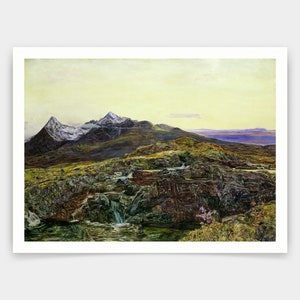 Puede incluir: Una pintura de un paisaje montañoso con una pequeña cascada en primer plano. Las montañas están cubiertas de nieve y el cielo es de un amarillo pálido. La pintura está realizada en un estilo realista.