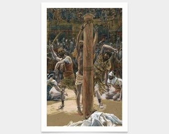 May include: A framed print of a historical illustration depicting a scene of people being whipped. The artwork features figures in ancient attire, with a central wooden pillar and a crowd in the background. The color palette includes earthy tones and muted colors.