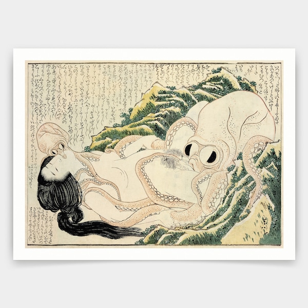 Katsushika Hokusai, Le rêve de la femme du pêcheur, estampes japonaises, impressions d’art, art vintage, art mural sur toile, impressions d’art célèbres, V4522