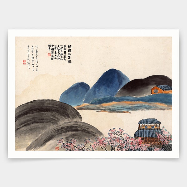 Qi Baishi, Jouer de la flûte dans le grenier dans les montagnes, peinture chinoise, impressions d’art, art vintage, art mural sur toile, impressions d’art célèbres, V4908