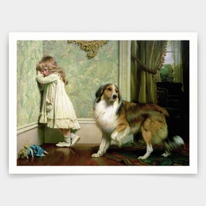 May include: A painting of a young girl in a white dress standing in a corner, looking sad. A brown and white dog stands behind her, looking at the girl.