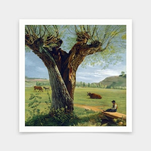 May include: A painting of a large willow tree with a man sitting on a bench in the foreground. There are cows grazing in the field behind the tree.
