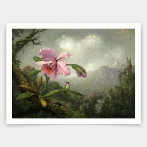 Martin Johnson Heade,Orchid and Hummingbird near a Waterfall,art prints,Vintage art,canvas wall art,famous art prints,V4601