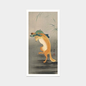 Ohara Koson, Dansande räv med lotusbladshatt, japanskt tryck, konsttryck, vintagekonst, canvastavlor, kända konsttryck, vertikal smal, V7754