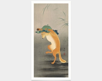 Ohara Koson,Dancing Fox with Lotus Leaf Hat,Japanese print,art prints,Vintage art,canvas wall art,famous art prints,vertical narrow,V7754