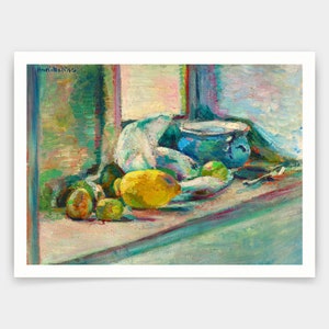 May include: A still life painting by Henri Matisse depicting a blue ceramic pot, lemons, and other fruit on a table. The painting is executed in a colourful, impressionistic style.