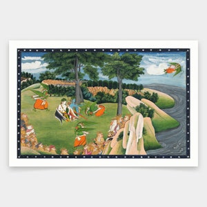 Indian Paintings,Garuda pays homage after liberating Rama and Lakshmana from Nag-pash,art prints,Vintage art,canvas wall art,famous ,V1559