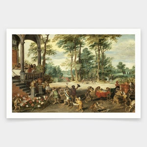May include: A framed, vintage painting depicting a whimsical scene of monkeys engaged in human activities. The artwork features a lush outdoor setting with trees, a building, and figures, with monkeys playing musical instruments and dining.