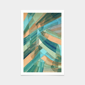 Op de afbeelding: Abstracte aquarelverf met overlappende lagen van blauwe, groene en bruine strepen en vormen.