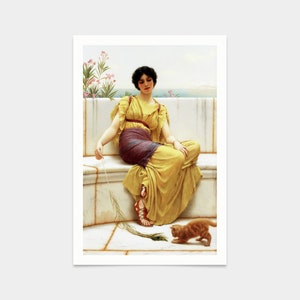 John William Godward,Idleness,Girl with a Kitten,art prints,Vintage art,canvas wall art,famous art prints,V2659