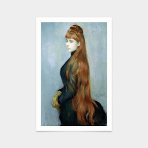 以下が含まれることがあります： 長い赤い髪をなびかせた女性の絵。彼女は濃い青色のドレスを着ており、肌は白い。背景は薄い青色です。