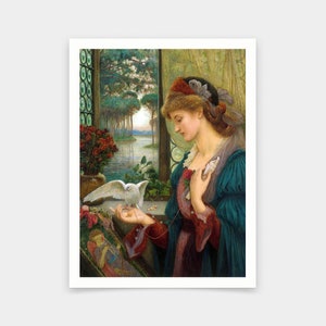 May include: A woman in a blue dress with a red sash and a white dove perched on her hand. She is looking down at the dove and holding a small object in her other hand. The background is a window with a view of a lake and trees.