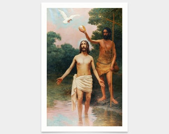 Puede incluir: Una pintura que representa el bautismo de Jesús por Juan el Bautista. Jesús está de pie en un río, mientras Juan le vierte agua sobre la cabeza. Una paloma blanca desciende del cielo, simbolizando al Espíritu Santo.