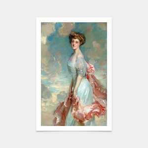 Puede incluir: Una mujer con un vestido blanco y un chal rosa se encuentra de pie sobre un fondo de nubes. La mujer mira hacia la izquierda de la imagen. La pintura está realizada en un estilo suelto e impresionista.