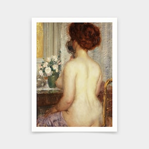 May include: A painting of a woman with red hair sitting in front of a vanity, looking at herself in a hand mirror. She is nude and has a bouquet of white flowers in a vase on the table in front of her.