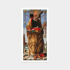 May include: A painting of a man with a white beard and a gold robe holding a large key. He is standing on a stone platform with a red and gold background.