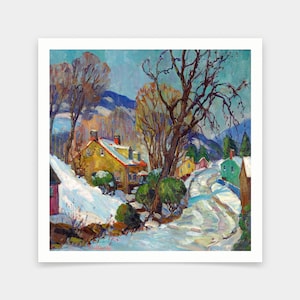 May include: A painting of a snowy village scene with a yellow house, red roof, and a winding road. The trees are bare and the sky is blue. The painting is signed "Paul  Cawdrey".