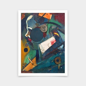 May include: Abstract painting with a blue, green, and yellow color scheme. The painting features a white figure with a blue circle over one eye. The painting also includes various shapes and textures, including a piece of wood, a metal disc, and a piece of paper.