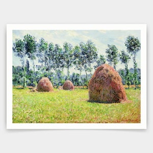 May include: A painting of a field with hay bales in the foreground and a row of trees in the background. The hay bales are a reddish-brown color and the trees are a bluish-green color. The sky is a light blue color and there are some clouds in the sky.