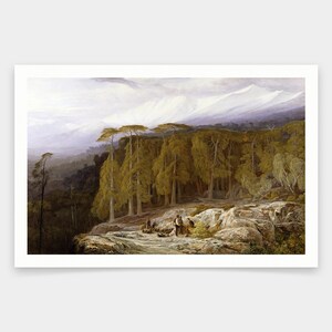 Puede incluir: Una pintura que representa a un grupo de personas caminando por un bosque con árboles altos y una cordillera nevada en el fondo.