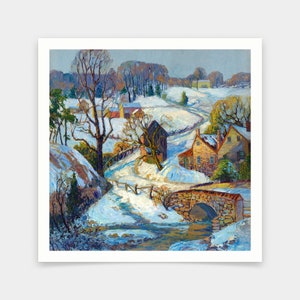 May include: A framed winter landscape painting depicts a snow-covered village scene. A stone bridge crosses a stream in the foreground, with houses and trees dotting the snowy hills. The artwork uses a palette of blues, whites, and browns.