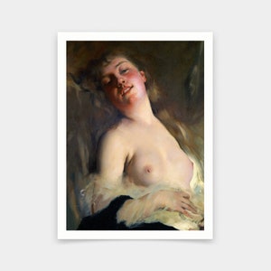 May include: A painting of a woman with long, flowing hair, lying on a bed with a white sheet. Her face is turned towards the viewer, and she has a soft, dreamy expression. The painting is done in a realistic style, with soft, muted colours.