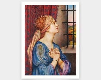 May include: A woman in a blue dress and a turban-like head covering looks out a barred window. She has her hands clasped in front of her and a peacock feather is visible on her dress. The background is a red and gold patterned curtain.