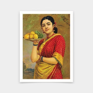 Raja Ravi Varma,Madri,beautiful indian woman serving fruit,art prints,Vintage art,canvas wall art,famous art prints,V6668