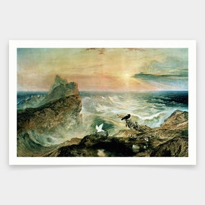 May include: A painting depicting a dramatic seascape with rocky cliffs, crashing waves, and a dark bird perched on a skeletal structure. The sky is a vibrant mix of yellow, orange, and pink, suggesting a sunset or sunrise. A white bird flies in the distance.