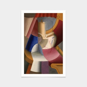 以下が含まれることがあります： ろうそく、花瓶、テーブルのある静物画の抽象的なキュビスムの絵画。絵画は赤、青、黄、白、茶色の色合いの幾何学的な形から構成されています。