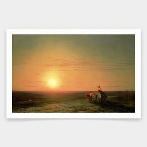 Puede incluir: Una pintura que representa a un grupo de personas viajando en un carro tirado por bueyes, con un gran sol naranja brillante poniéndose en la distancia. El cielo es una mezcla de tonos naranja, amarillo y rosa, y el suelo es de un marrón apagado.