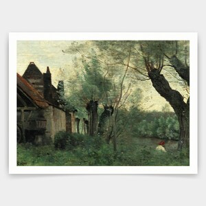 Puede incluir: Una pintura de un paisaje rural con una granja y un estanque. La granja está hecha de piedra y tiene un techo de paja. Hay árboles en primer plano y en el fondo. La pintura está en una paleta de colores apagados de verdes, marrones y azules.