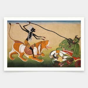 Può includere: Un dipinto che rappresenta una scena della mitologia indù. Una figura nera con più braccia cavalca una tigre, tenendo una corda legata a un demone verde che guida un carro trainato da due cavalli bianchi. Il demone ha un'espressione feroce e delle corna.