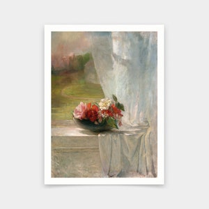 May include: A painting of a bowl of red and white flowers on a windowsill with a sheer white curtain blowing in the wind. The background is a blurry landscape with a house in the distance.