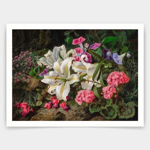 May include: A still life painting featuring a bouquet of white lilies with yellow centers, pink geraniums, and purple morning glories. The flowers are arranged on a bed of moss and rocks.