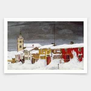 Puede incluir: Una pintura que representa una escena de ciudad nevada con una alta torre de iglesia en el fondo y una fila de casas coloridas en primer plano. El cielo está oscuro y nublado, y la nieve se acumula en los techos de las casas.