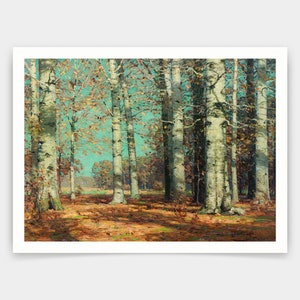 Puede incluir: Una pintura que representa una escena de bosque con altos abedules blancos en primer plano. Los árboles están rodeados por una alfombra de hojas caídas en tonos marrones y naranjas. El cielo es de un azul brillante con toques de verde y amarillo.