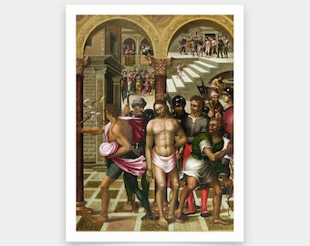 May include: A painting depicting a scene from the Bible, showing Jesus being led away by Roman soldiers. The scene is set in a courtyard with a staircase in the background. Jesus is wearing a white loincloth and is surrounded by soldiers in armor. The painting is done in a realistic style with rich colors and details.