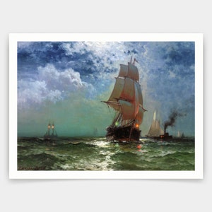 Edward Moran,Ships Sailing at Night,art prints,Vintage art,canvas wall art,famous art prints,V3598