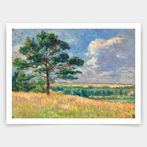 May include: A painting depicting a landscape with a solitary tree in the foreground. The tree is green with a brown trunk. The background features a field of yellow grass and a forest in the distance. The sky is blue with white clouds.