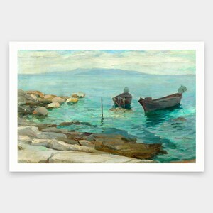 May include: A painting of a seascape with two boats anchored in the water. The boats are dark brown and the water is a light blue-green color. There are rocks in the foreground and a distant mountain range in the background.