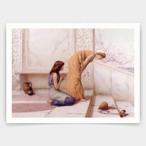 May include: Two women in flowing robes stand on a marble terrace. One woman is looking out at a blossoming tree, while the other woman kneels on the floor. A broken clay pot with spilled wine lies on the floor.