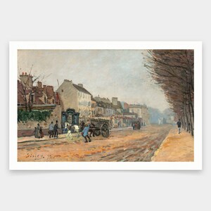 May include: A painting of a street scene in a town. The street is lined with buildings on one side and trees on the other. There are people walking and a horse-drawn cart in the street. The painting is done in a realistic style with muted colors.