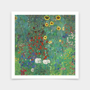 以下が含まれることがあります： 中央にひまわりが咲く花畑の絵画。花は赤、黄、青、白、緑。ひまわりは背が高く、黄色い花びらと茶色の芯を持っている。
