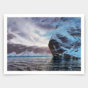 May include: A painting of a rocky, snow-capped mountain range reflected in a still body of water. The sky is a pale blue with wispy clouds.