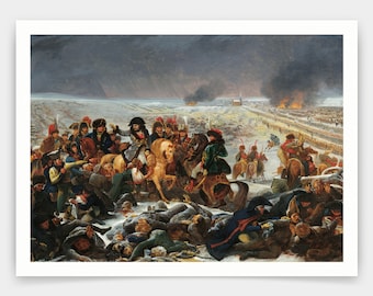 Puede incluir: Una pintura que representa una escena de batalla con soldados a caballo y a pie. La escena se desarrolla en un campo nevado con un pueblo distante en el fondo. La pintura está dominada por un cielo oscuro y tormentoso.