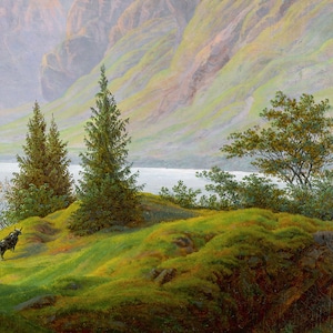 May include: A painting of a mountain landscape with a lake in the foreground. The lake is surrounded by green hills and trees. A single cow is standing in the grass near the water's edge.